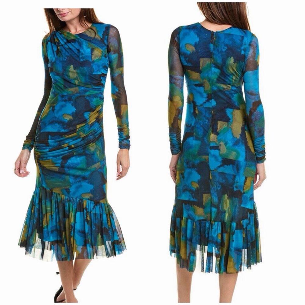 Taylor Size 8 Blue Abstract Mesh Ruched Midi Dress Long Sleeve Tiered Hem Lined